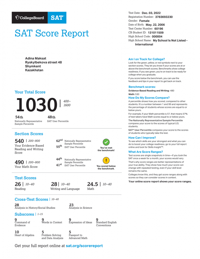 Oқушылардың SAT нәтижелері